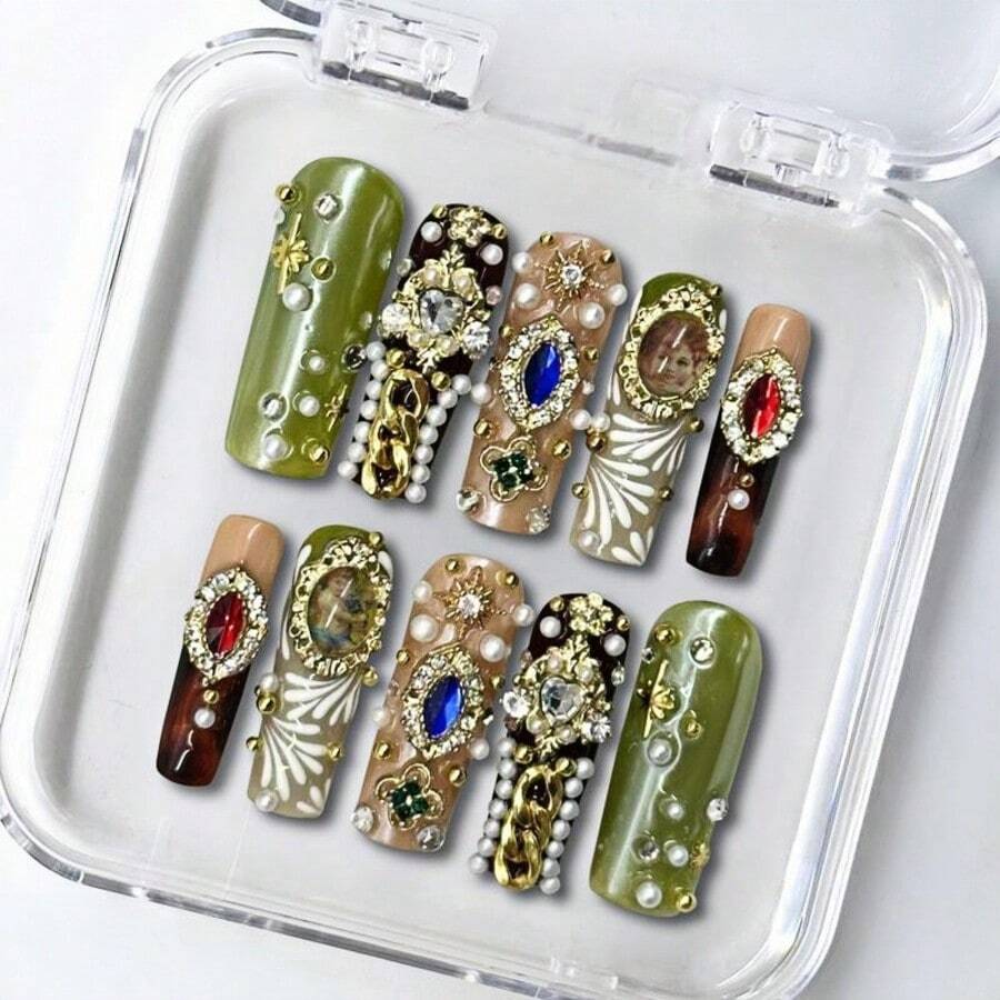 NailLush 10 PCS Handmade Acrylic Square Press-On Nails | Baroque Forest Luxe Style In Olive Green & Nude With 3D Cameo & Rhinestone Embellishments, Opulent Reusable Nail Art For Girls & Women - Lime Green - View 1