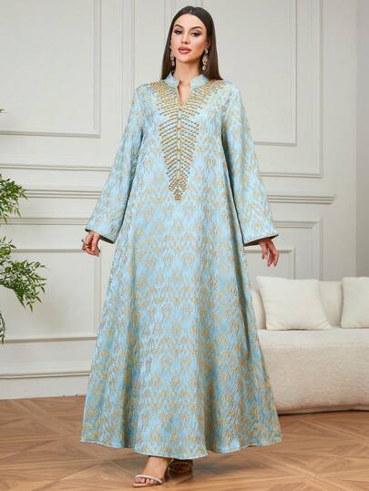 Elegant Women's Ramadan New V-Neck Long Sleeve Ramadan Maxi Dress With Embroidery And Beaded Decor, Suitable For Eid Celebration, Wedding, Date, Daily Wear, Kaftan