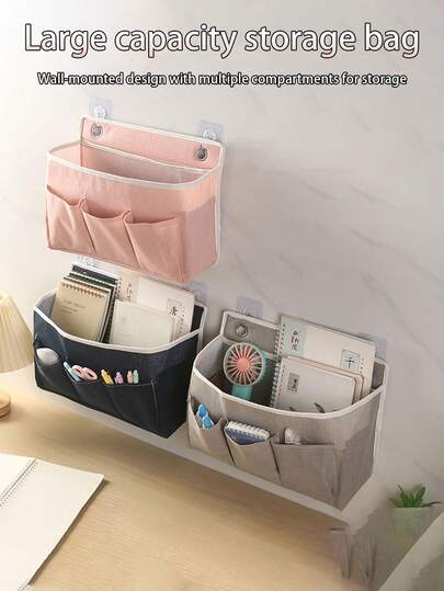 One Wall-Mounted Storage Bag, Foldable, For Hanging Storage On Doors, Bedspreads, And Behind-The-Door In Dorm Rooms. A Fabric Wall-Mounted Storage Bag/Hanging Bag For Storing Items.
