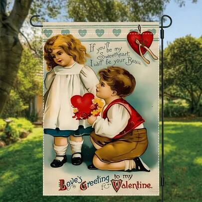 1 pieza Bandera de jardín antigua para el Día de San Valentín - 12x18 pulgadas, de doble cara, de poliéster arpillera, duradera, impermeable, sin necesidad de electricidad, ideal para decoración interior/exterior de primavera/verano y Día de San Valentín.