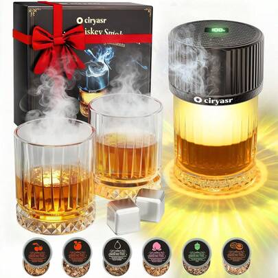 Electric Whiskey Smoker Kit With 4 Light Modes, Rechargeable Cocktail Smoker, 6 Wood Chips, No Butane Required, Christmas/Birthday Gifts For Men, Dad, Husband