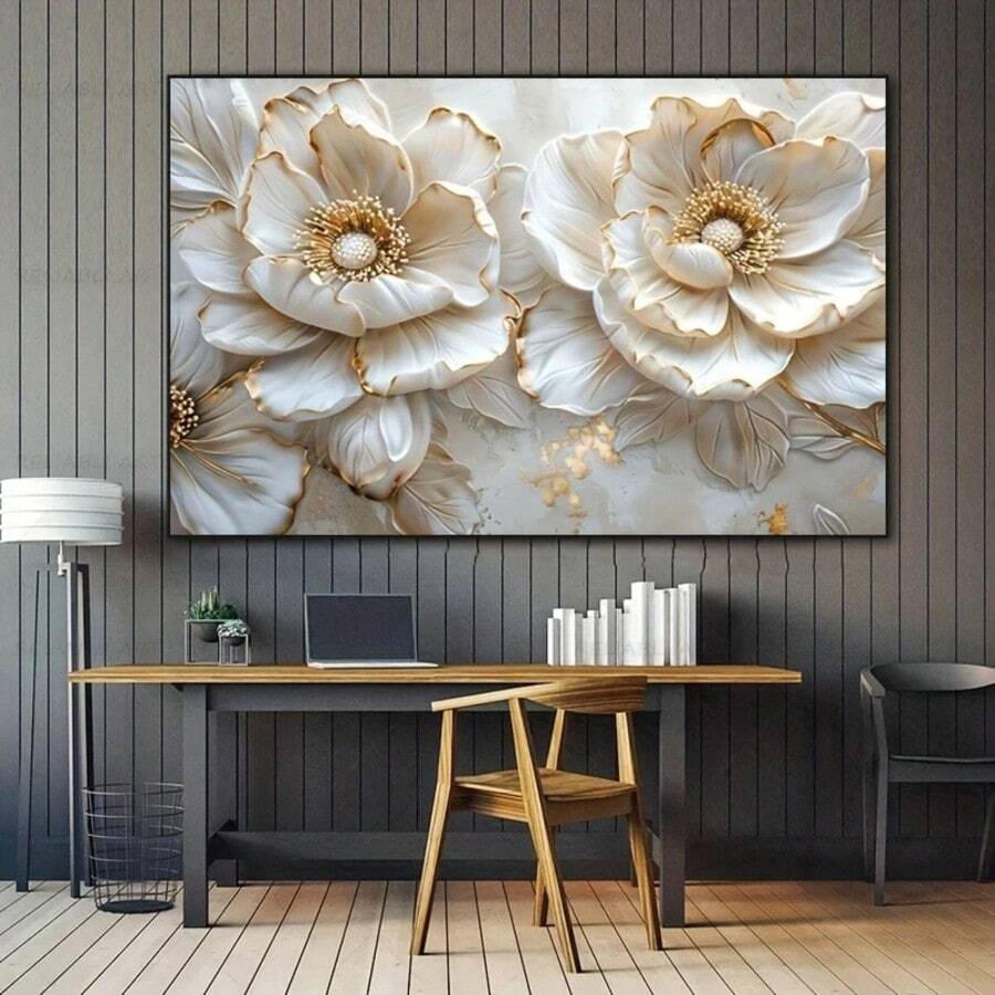 1幅现代2D平面花卉帆布墙画,大型花卉油画印刷品 - 白色花朵,家居装饰,适用于客厅、卧室,无需用电,无框,50x70厘米/19.68x27.55英寸 - 彩色 - 查看 1