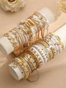 17KM 14/7/5件套简约时尚波西米亚风手链套装，包含心形、海星、仿贝壳、蝴蝶、雏菊、8字形水晶、仿珍珠等元素，适合女性、情侣、姐妹、度假、约会、日常佩戴、派对、情人节等场合。 - 彩色 - 查看 4