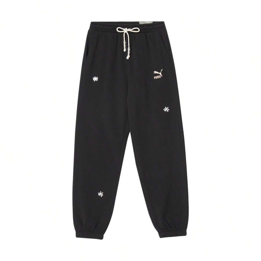 Puma 女士时尚刺绣抽绳踝口针织裤，休闲运动裤 - 黑色 - 查看 1