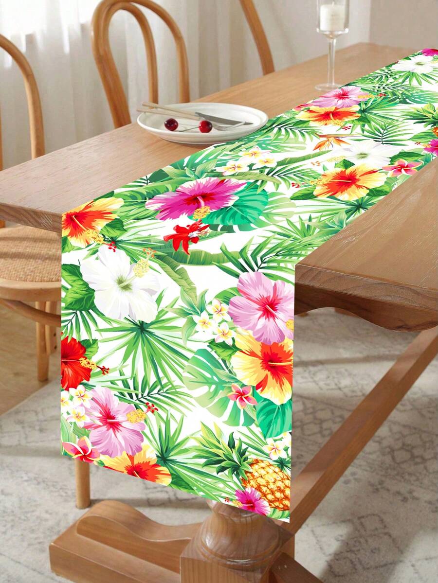1pc Hawaiian Style Table Runner, Polyester Floral & Palm Leaf Pattern Table Runner, Hawaiian Theme Party Table Cloth, Holiday Birthday Wedding Party Decor Table Cloth, Summer Indoor Outdoor Party Supplies
