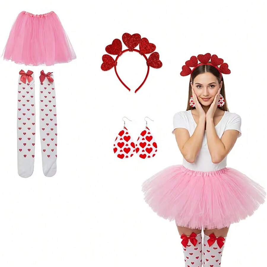PESENAR 情人节粉红色爱心服装套装 | 包括蓬蓬裙、发带、袜子、耳环和氨纶面料 - 彩色 - 查看 1