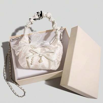 French Bow Pearl Pleated Handbag & Crossbody Bag, Cosmetic Bag Portable Outdoor Storage Bag, Beautiful And Practical, Great Gift For Girlfriend, Valentine's Day, Easter