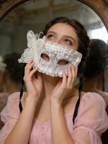 半脸超级仙女妆容舞会公主面具女性派对半脸珍珠蕾丝水钻角色扮演，仙女面具。 - 彩色 - 查看 6