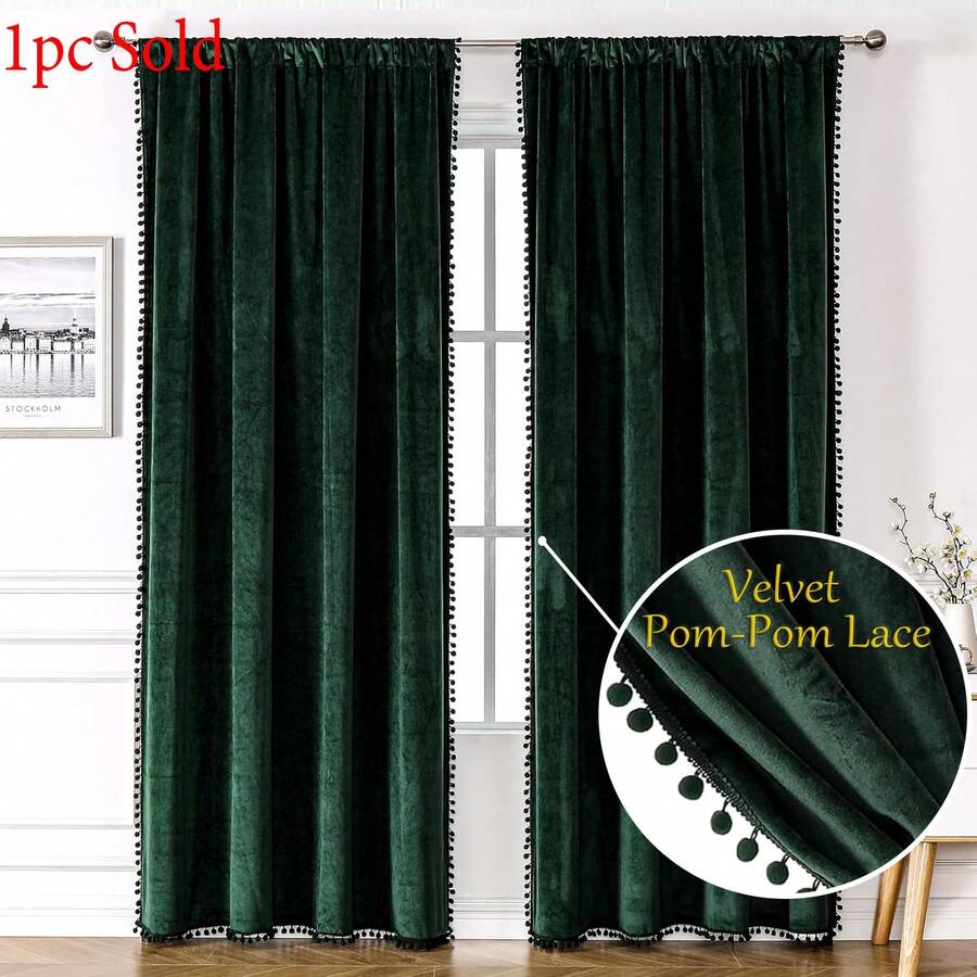 1 Pack Luxury European Style Velvet Curtain With Pom Pom Trim, Blackout, Soft & Smooth, Wrinkle Resistant, Soundproof, Privacy Protection, Durable, Washable, Modern High-End Home Decor, Suitable For Bedroom, Bathroom, Living Room, Office, New Year, Christmas, St. Patrick's Day, 200gsm