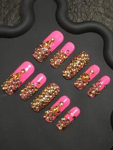 10 Pieces 3.3cm Handmade Square False Nails, Decorated With Rhinestones, Set With Nail Stickers, Suitable For Women And Girls, Valentine's Day, Parties, Festivals, And Daily Wear. Nail Accessories, Acrylic Nail Kit, Including Kit, Hand Pressed Nail Art, Fake Nail Stickers, And Nail Supplies. Handmade Press On Nails - Multicolor - View 4