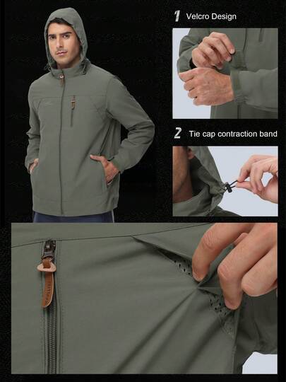 Men's Lightweight Jacket, Breathable Casual Drawstring Hooded Windbreaker With Multiple Pockets, Outdoor Sports Coat For Spring And Autumn