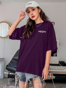 Women's Oversized Printed T-Shirt - Cheerful Paradise Phrase - Loose, Casual, Stylish, Modern, And Cool Blouse - 紫色 - 查看 6