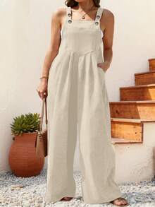 Plus Size Women's Pleated Wide Leg Casual Solid Color Bib Pants, Autumn/Winter - Apricot - View 3