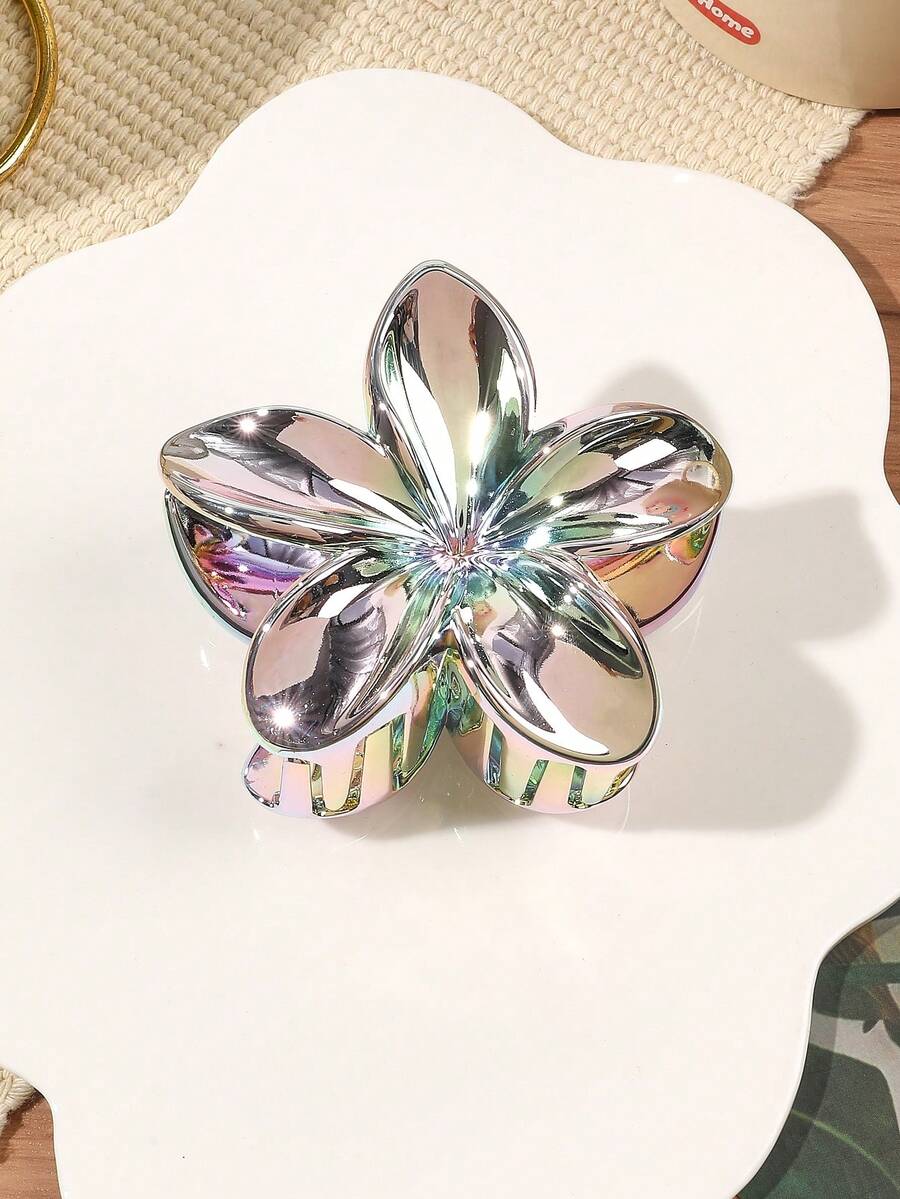 1个ABS材质秋冬甜美清爽电镀金属渐变银色鸡蛋花发爪，简约百搭花卉发饰，女士优雅爪夹时尚发夹，适合夏季穿搭、旅行、生日等场合。 - 彩色 - 查看 1