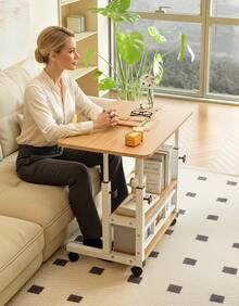 1pc Adjustable Height Sofa Side Table, Adjustable Bedside Table, 3 Tier Shelves Overbed Table With 360° Swivel Wheels 23.6-35.4in Height Adjustable Mobile Laptop Table Standing Rolling Bedside Table For Home Living Room Bedroom - 木紋 - 查看 1