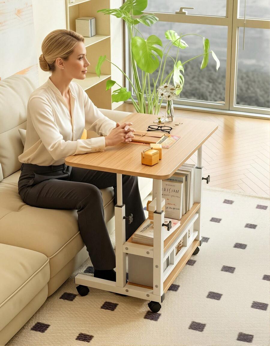 1pc Adjustable Height Sofa Side Table, Adjustable Bedside Table, 3 Tier Shelves Overbed Table With 360° Swivel Wheels 23.6-35.4in Height Adjustable Mobile Laptop Table Standing Rolling Bedside Table For Home Living Room Bedroom - 木紋 - 查看 1
