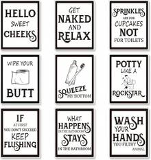 9-Piece Funny Bathroom Wall Art Set, Vintage Style Restroom Decor, Unframed Prints, Black Font - Black Font - View 1