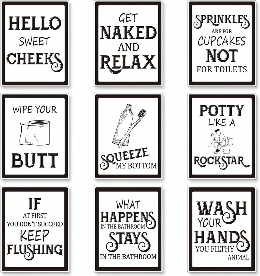 9-Piece Funny Bathroom Wall Art Set, Vintage Style Restroom Decor, Unframed Prints, Black Font - Black Font - View 1