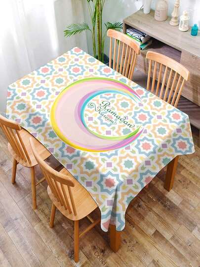 1pc Ramadan Star & Crescent Lantern Pattern Fabric Printed Tablecloth, Rectangular Lightly Water-Resistant Printed Dining Table Cover, Suitable For Restaurant & Living Room Decor