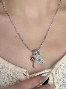 1件2026新款塔罗牌星星流苏几何吊坠项链，多色金属立方氧化锆Y2K风格，适合日常穿搭和派对配饰 - 彩色 - 查看 4