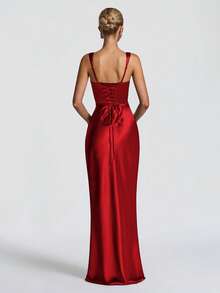 Elegant Satin Waist Tie Bodycon Slip Dress, Long Gown For Halloween Party, Cocktail Party, Christmas Party - Red - View 2