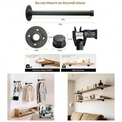 Industrial Pipe Clothing Rack 12 Inch 2 Pack, Wall Mounted Closet Rod - Pipe Shelf Brackets Heavy Duty Clothes Rack Hanging Clothes Rustic Metal Garment Holder Laundryroom