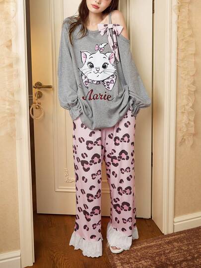 Gongdie 2pcs Disney Marie Cat Print Cotton Pajama Set, Long Sleeve, Spring/Autumn