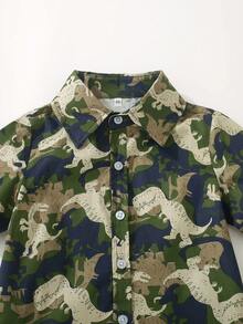 Boys' Summer Floral Print Single-Breasted Casual Shirt, School Style - Olive Green - View 3