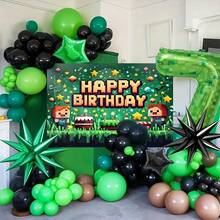 147件套我的世界像素风派对用品套装：乳胶+铝箔材质，绿色格子数字气球，角色横幅，游戏主题，适合儿童生日派对，营造沉浸式庆祝氛围 - 彩色 - 查看 2