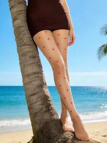 1双女士加大码紧身裤 - 闪亮极光红，饰有心形图案，高腰弹力设计，适合节日夜晚穿着，尽显身材 - 杏色 - 查看 5