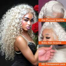 Platinum Blonde Deep Wave Human Hair Wig Ash Blonde Loose Curly Lace Front Wigs Human Hair For Women 13X4 Glueless HD Transparent Lace Front Wigs Human Hair Pre Plucked With Baby Hair Daily Natural Wig Halloween Christmas New Year's Day Party Wig - 白金金髮女郎 - 查看 10