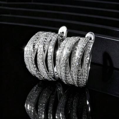 925 Sterling Silver Geometric Line Design Zirconia Stone Earrings For Women, Elegant & Suitable For Daily Wear, Party, Gift For Family & Friends, Birthday, Holiday - Gift Box