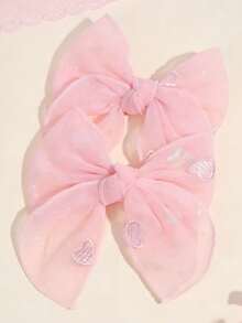 2个甜美浅粉色发夹，适合女士和女孩 - 闪光薄纱和银色爱心刺绣发夹，鳄鱼夹，精美发饰，适合日常、度假和节日，馈赠佳品 - 彩色 - 查看 1