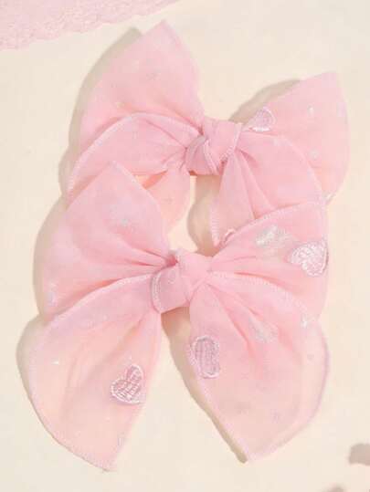 2pcs Sweet Light Pink Hair Bows For Women Girls - Glitter Tulle & Silver Heart Embroidery Hair Clips ,Alligator Clips , Gift-Worthy Hair Accessories,Suitable Daily Life ,Vacation & Festivals, Favor Gifts