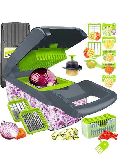 16pcs Vegetable Chopper, Multi-Functional Kitchen Vegetable Chopper, Easy To Make Salad, Interchangeable Blades, Party/Kitchen Tool, Manual Food Grater, With Container, Onion Chopper, Potato Chopper, Kitchen Gadget