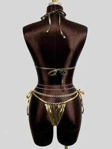 Bộ bikini hai mảnh dành cho nữ, chất liệu ánh kim, kiểu dáng dây mảnh, thích hợp cho những kỳ nghỉ lãng mạn trên bãi biển, phong cách đón năm mới, phong cách ngày Valentine. - Vàng - Xem 7