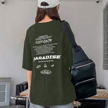 Women's Oversized Printed T-Shirt - Cheerful Paradise Phrase - Loose, Casual, Stylish, Modern, And Cool Blouse - 軍綠色 - 查看 11