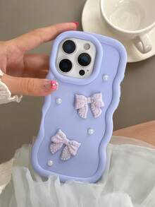 1pc Cute Dopamine Wave Faux Pearl Bow Phone Case Suitable Compatible With Iphone 17 Promax/Redmi Note 14 4G/Galaxy A56/Infinix Hot 30/ Moto E30/Smart 7, Smart 8/Honor X7, X8, X8A, X8B, X8C - Mauve Purple - View 5