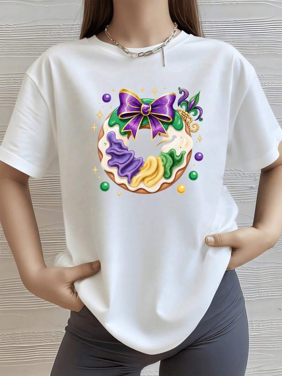 Corona festiva con cintas moradas doradas y verdes rodeada de perlas brillantes que evocan el espíritu alegre del carnaval camiseta de mujer 100% algodón 220g - Blanco - Ver 1