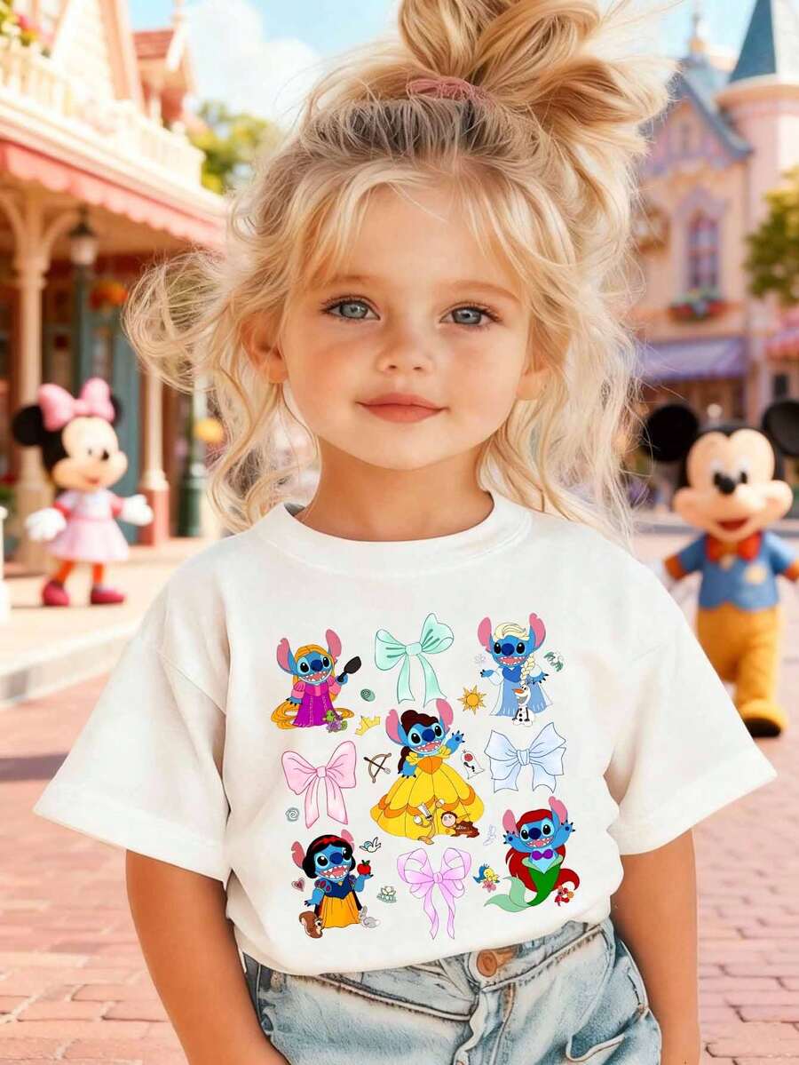 Disney Girls' T-Shirt Creative Stitch And Disney Princess Cartoon Print Designs Summer Cotton Crew-Neck Short-Sleeve Tee For Girls Perfect For Everyday Wear, Vacations, Outdoor Activities, And As A Gift For Children. - trắng - Xem 1