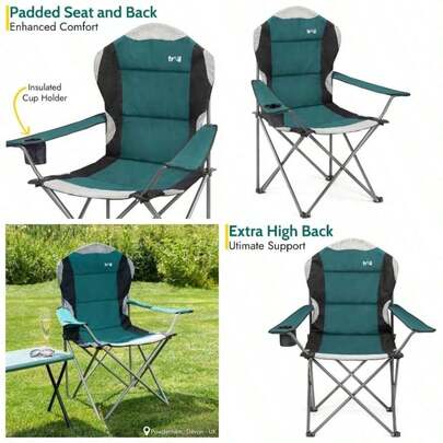 Kestrel High Back Folding Camping Chair, Luxury Padded With Breathable Mesh, Heavy Duty Tubular Steel Frame, Cup Holder Armrest, Lightweight Portable With Carry Bag Teal
