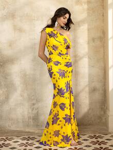 Faeriesty 优雅深V领无袖连衣裙：修身剪裁，饰以通体花卉图案，鱼尾裙摆，高开衩，轻盈弹力面料——完美适用于婚礼宾客、波西米亚风新娘写真、浪漫晚宴、花园派对、正式晚宴等场合。春假必备 - 黃色 - 查看 6