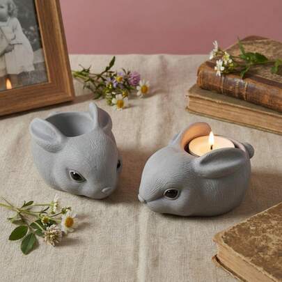 可爱兔子蜡烛台/蜡杯硅胶模具；复活节DIY兔子石膏水泥多肉植物盆栽装饰模具