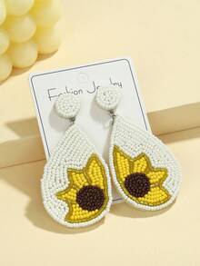 1 Pair Sunflower Seed Bead Earrings - Creative Fashion Jewelry For Women, Classic Yellow Black White Color Scheme, Sunny And Healing Style - Multicolor - View 3