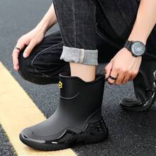 1 双新款中筒雨靴，防滑耐用户外橡胶鞋，男士款，秋冬季保暖钓鱼工作靴 - 黑色 - 查看 3