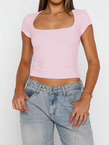 GLAMSKIN 女款夏秋基礎條紋方領短袖修身短版 T-shirt，休閒性感修身上衣 粉色 - 粉色 - 查看 5