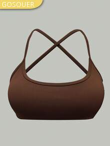 女士交叉绑带防震聚拢运动文胸（带衬垫） - 咖啡棕 - 查看 3