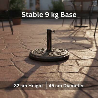 9KG Garden Parasol Base, Cast Iron Effect Outdoor Umbrella Stand With Floral Rose Design, Heavy Duty & Weather-Resistant