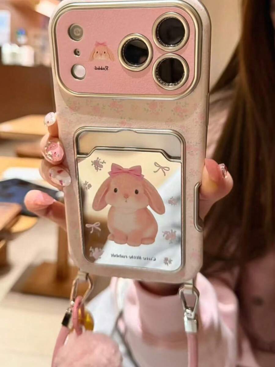 Cartoon Floral Rabbit Mirror Card Holder Phone Case Compatible With Iphone 17 Pro Max, Suitable For Apple 17 Pro, 16, 15 Pro, 14, 13, 16 Pro Max, & Creative Design For Girls - 粉色 - 查看 1