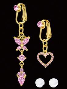 4pcs/Set Elegant Women Fake Belly Piercing Jewelry, 2pcs Gold-Plated Fake Belly Button Rings Clip On Belly And 2pcs Clear Silicone Pad, Multi Styles Heart Butterfly Eye Of Devil Belly Button Rings Non Piercing Jewelry For Women Girls - Valentine's Day Gift - Gold - View 19